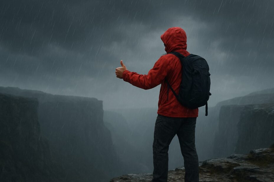 Hiker in front of a cliff during a stormy weather and with a thumb up, apparently trying to find the best way to deal with the situation.