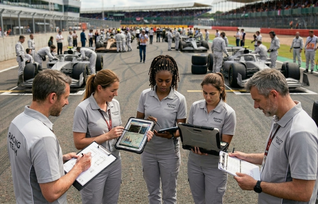 A diverse team of engineers from a Formula One racing team huddle in front of the grid. None of them is looking at the track. They are reviewing data on tablets and clipboards, as cars and crew fill the track behind them.