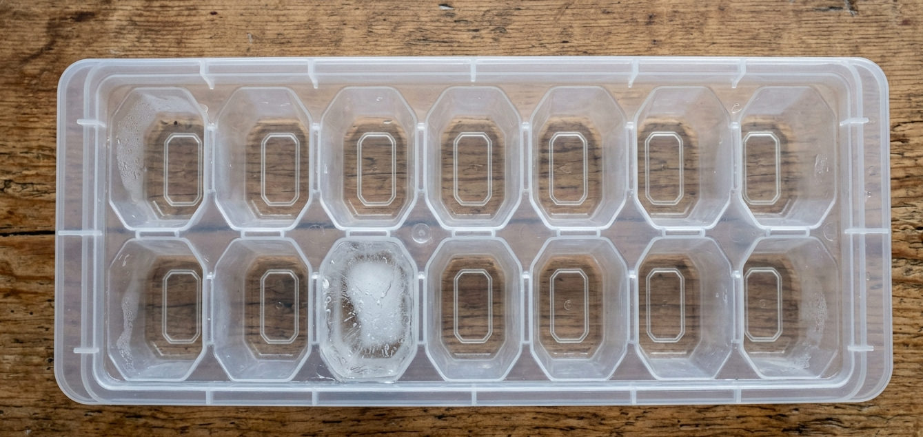 Top-down view of a clear, empty plastic ice cube tray sitting on a rustic wooden table, with a single, partially melted ice cube occupying one of the slots.