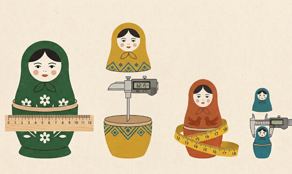 Four nested matryoshka dolls, each measured with a different measuring instrument, illustrating that different products and lifecycle stages require different product metrics