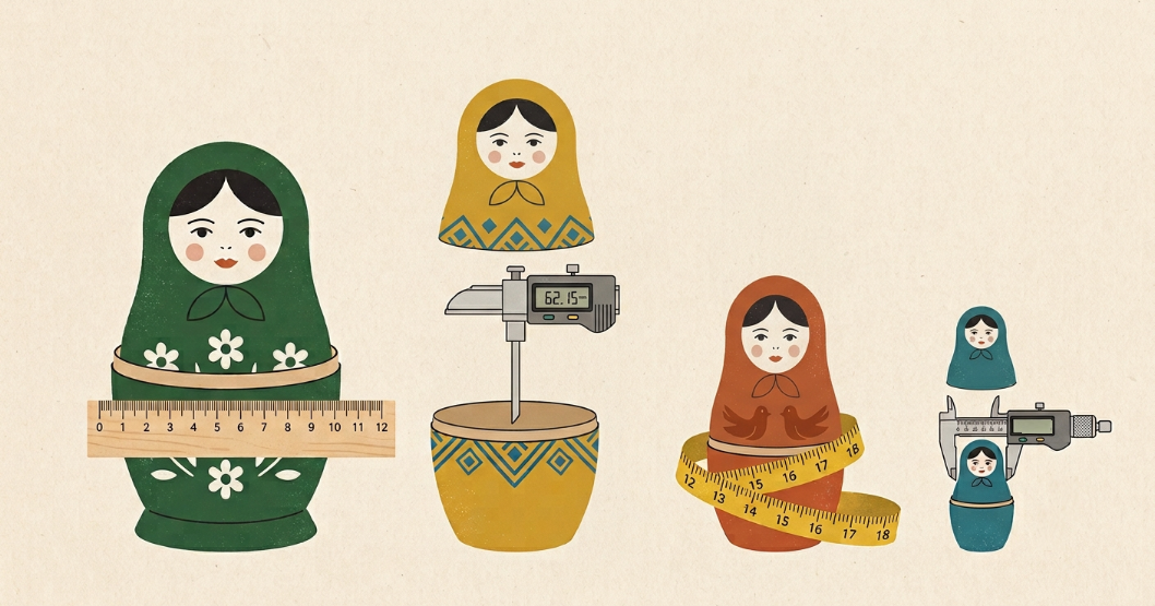 Four nested matryoshka dolls, each measured with a different measuring instrument, illustrating that different products and lifecycle stages require different product metrics