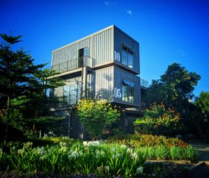 Modular container houses arranged on green grass surrounded by trees, illustrating the concept of scalable and interchangeable product architecture.