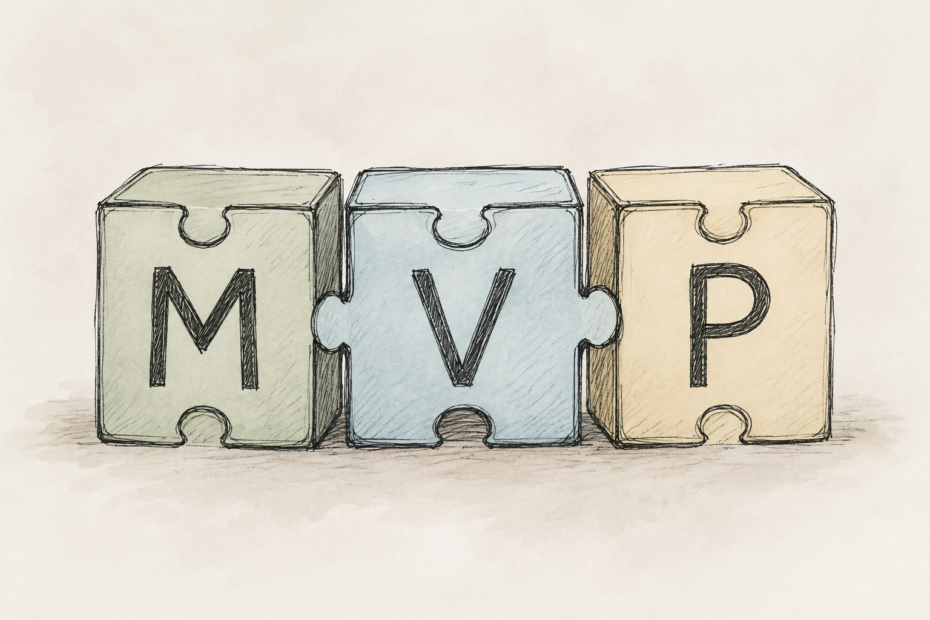Three sketch-style puzzle cubes labeled M, V and P on a soft neutral background.