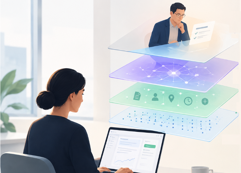 AI-powered product with invisible intelligence and human expertise layered behind the user experience.
