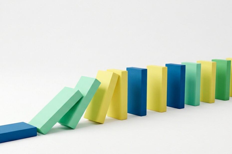 Dominoes falling in a chain reaction, illustrating how product risks can cascade and threaten an entire business.