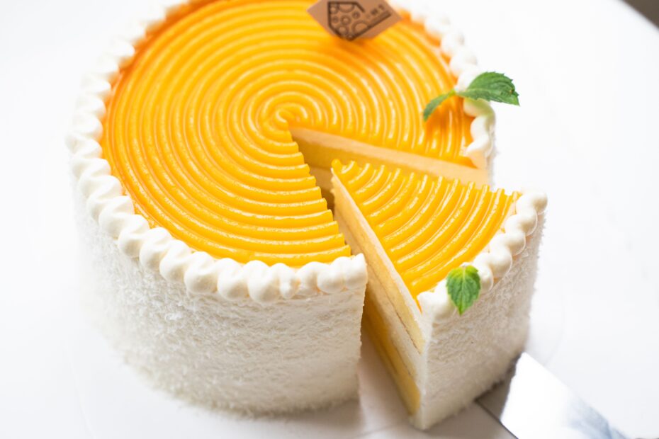 Top view of a multi-layered cake on a neutral background. background.